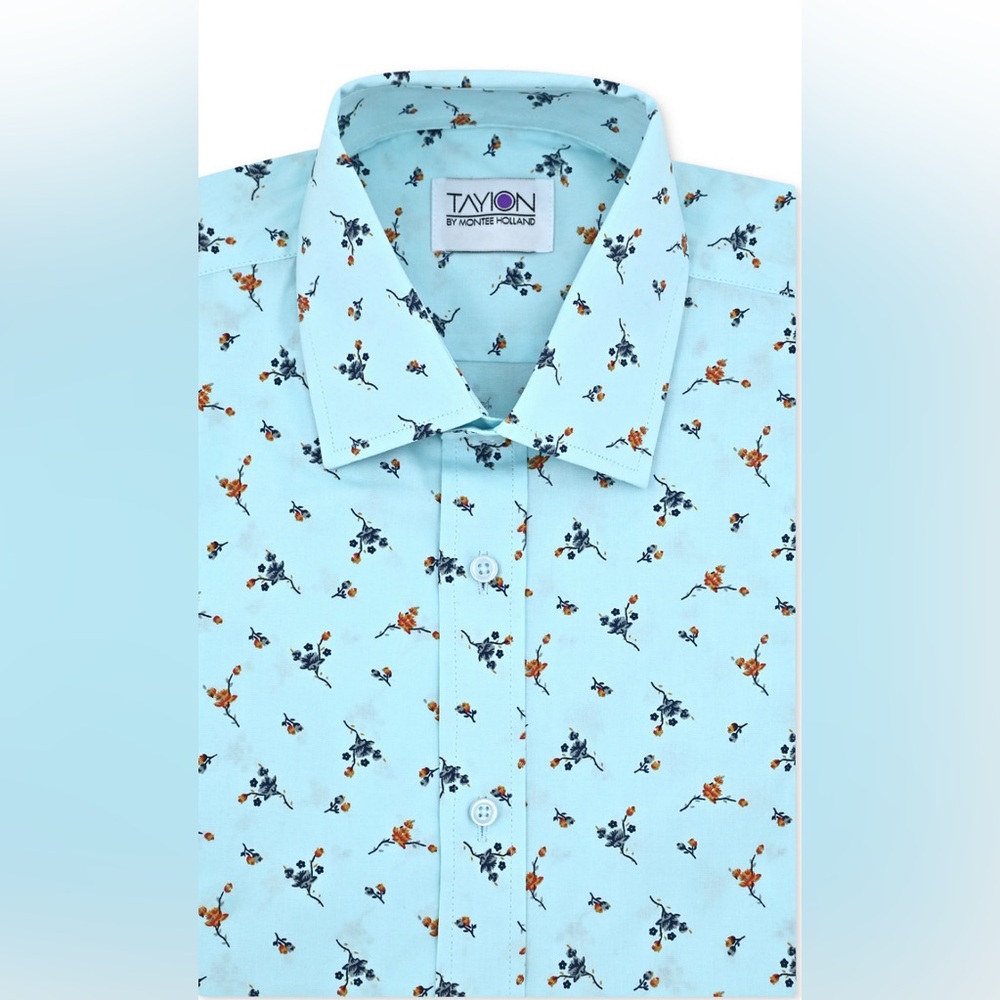 Men’s Tayion Collection Mens Floral Print Dress Shirt Light Blue With Orange